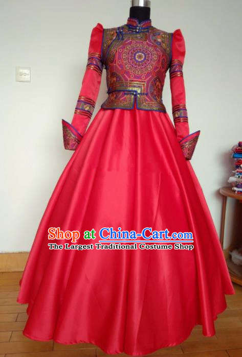 Traditional Chinese Mongol Nationality Wedding Costumes Mongols Female Folk Dance Ethnic Red Dress for Women