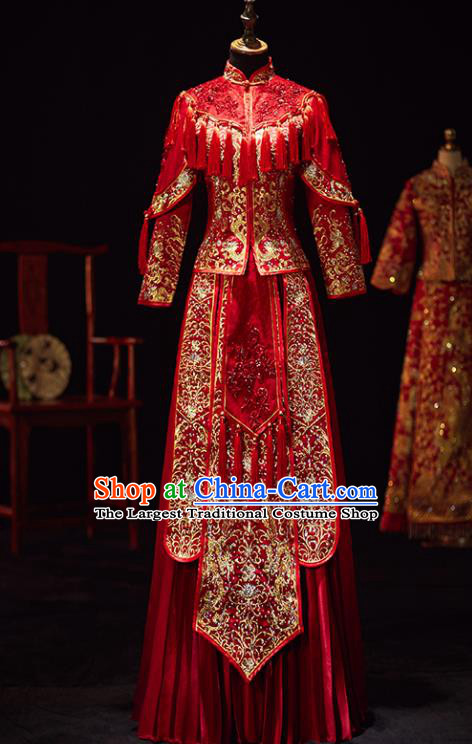 Chinese Traditional Wedding Costumes Ancient Bride Embroidered Xiuhe Suits Red Full Dress for Women