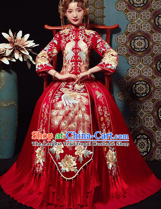 Chinese Traditional Wedding Costumes Embroidered Peacock Xiuhe Suits Ancient Bride Red Full Dress for Women