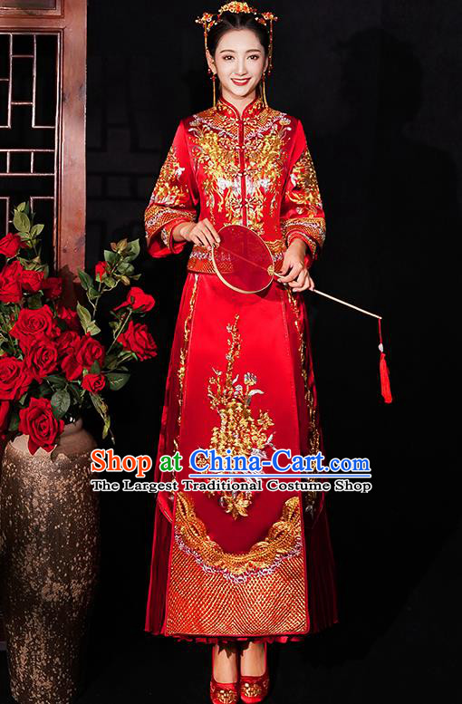 Chinese Traditional Wedding Costumes Bride Embroidered Red Xiuhe Suits Ancient Full Dress for Women