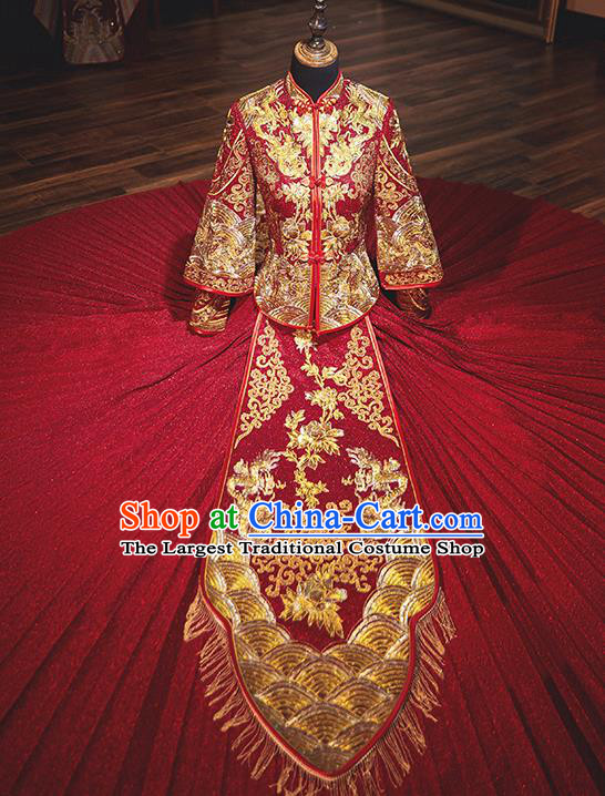 Chinese Traditional Wedding Costumes Bride Embroidered Red Xiuhe Suits Ancient Full Dress for Women