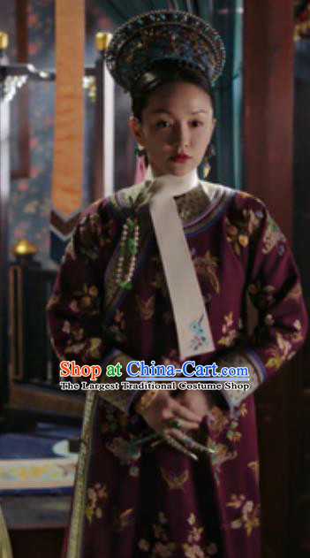 Chinese Traditional Palace Costumes Ancient Qing Dynasty Manchu Imperial Consort Ruyi Embroidered Dresses and Headpiece Complete Set