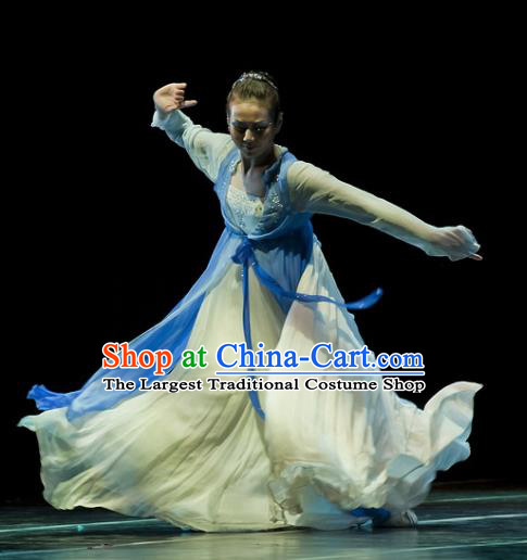 Chinese Traditional Classical Dance Costumes Stage Performance Folk Dance Blue Dress for Women