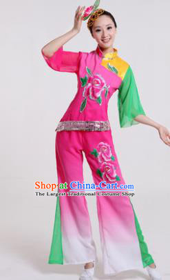 Chinese Traditional Yangko Dance Costumes Group Dance Folk Dance Pink Clothing for Women