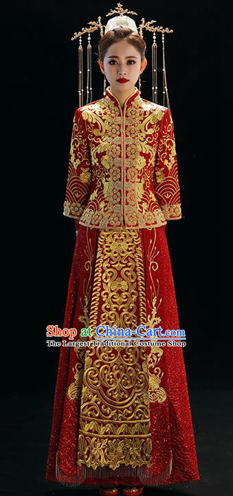 Chinese Traditional Wedding Toast Xiuhe Suits Ancient Bride Embroidered Costumes for Women