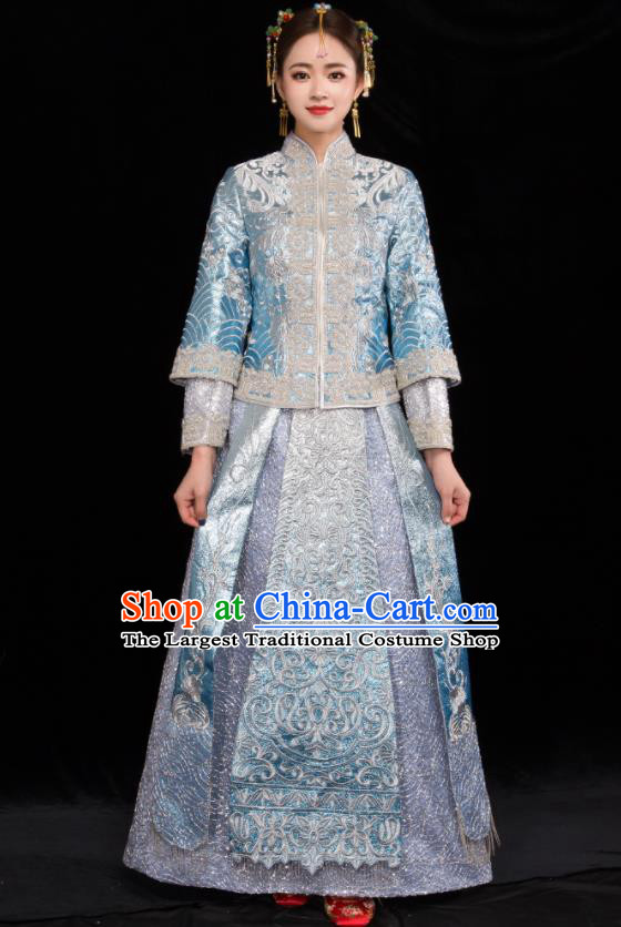 Chinese Traditional Wedding Toast Blue Xiuhe Suits Ancient Bride Handmade Embroidered Costumes for Women