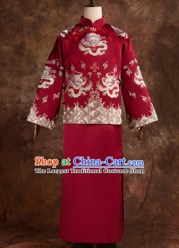 Chinese Traditional Wedding Costumes Bridegroom Embroidered Dragon Tang Suit Long Gown for Men