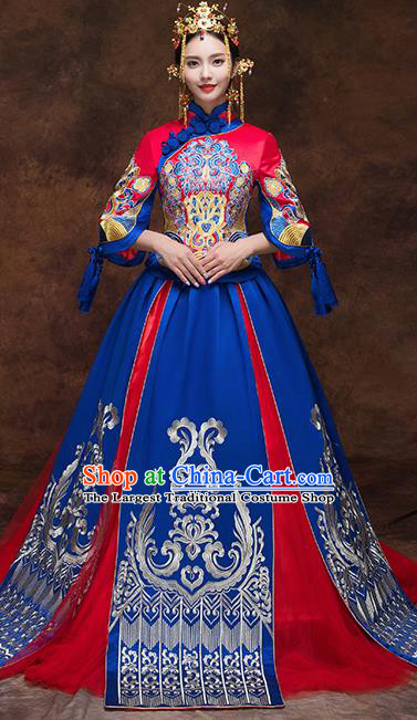 Chinese Traditional Blue Wedding Dress Ancient Bride Xiuhe Suits Handmade Embroidered Costumes for Women