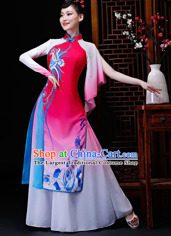 Chinese Traditional Classical Dance Costumes Umbrella Dance Group Dance Rosy Dress for Women