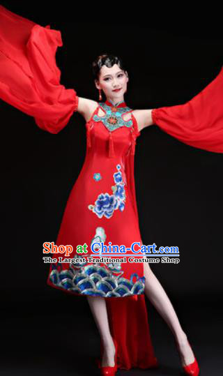 Chinese Traditional Folk Dance Yangko Costumes Drum Dance Red Dress for Women