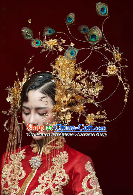 Chinese Ancient Bride Phoenix Coronet Wedding Hair Accessories Tassel Hairpins Feather Headwear for Women