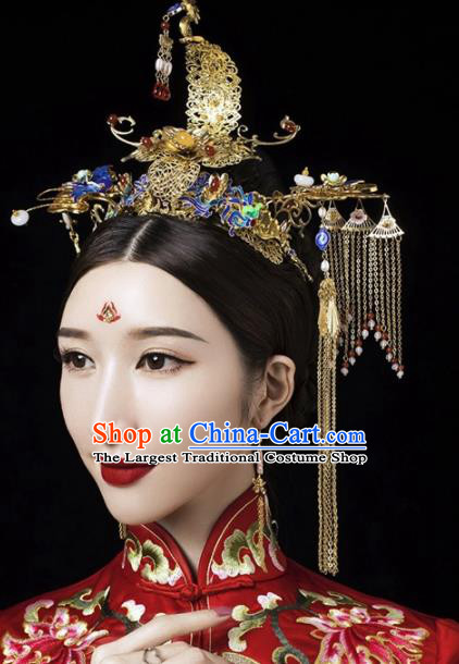 Chinese Ancient Palace Bride Phoenix Coronet Wedding Hair Accessories Tassel Hairpins Headwear for Women