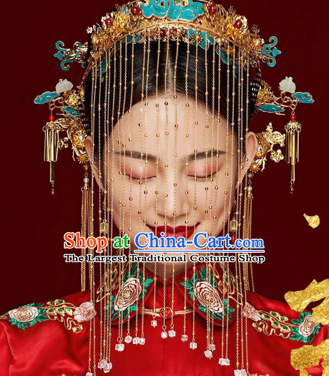 Chinese Ancient Palace Bride Blueing Phoenix Coronet Wedding Hair Accessories Tassel Hairpins Headwear for Women