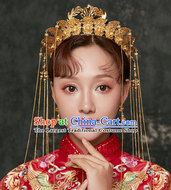 Chinese Ancient Palace Bride Hair Accessories Wedding Golden Phoenix Coronet Hairpins Headwear for Women