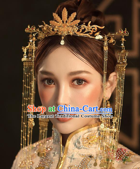 Chinese Ancient Palace Bride Hair Accessories Wedding Golden Phoenix Coronet Hairpins Headwear for Women