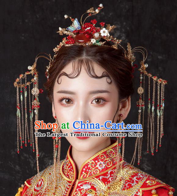 Chinese Ancient Palace Bride Hair Accessories Wedding Agate Phoenix Coronet Hairpins Headwear for Women