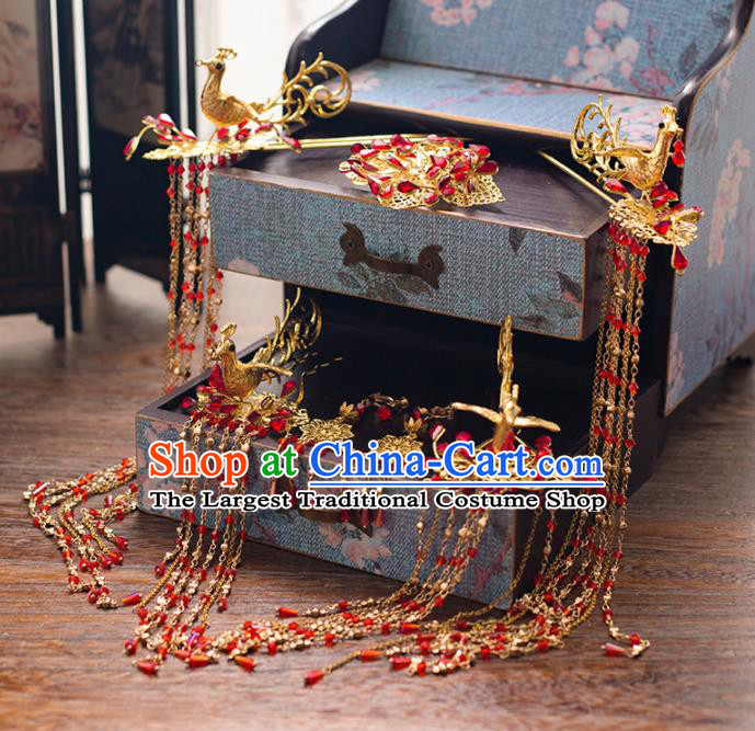 Chinese Ancient Palace Bride Hair Accessories Tassel Hair Clips Phoenix Hairpins Headwear for Women