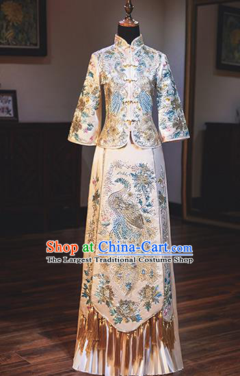 Chinese Traditional Wedding Costumes Bride Toast White Xiuhe Suits Ancient Embroidered Full Dress for Women