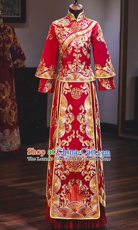 Chinese Traditional Embroidered Phoenix Red Xiuhe Suits Ancient Bride Toast Wedding Costumes for Women