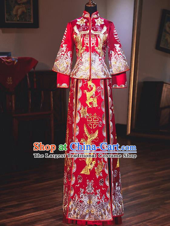 Chinese Traditional Bride Xiuhe Suits Ancient Handmade Embroidered Red Wedding Costumes for Women