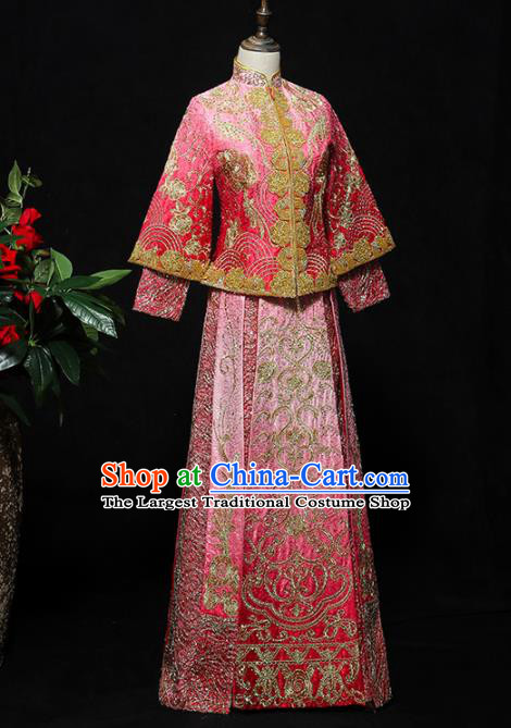 Chinese Traditional Bride Pink Xiuhe Suits Ancient Handmade Embroidered Wedding Costumes for Women