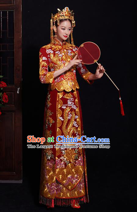 Chinese Traditional Bride Embroidered Red Xiuhe Suits Ancient Handmade Wedding Costumes for Women