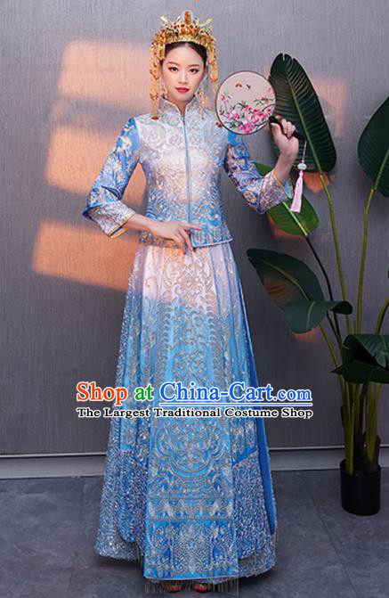 Chinese Traditional Bride Embroidered Blue Xiuhe Suits Ancient Handmade Wedding Costumes for Women