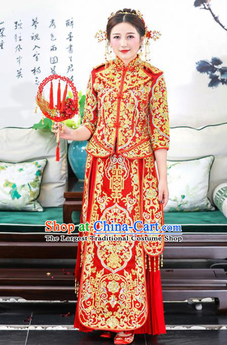 Chinese Traditional Bride Xiuhe Suits Ancient Handmade Golden Embroidered Wedding Costumes for Women