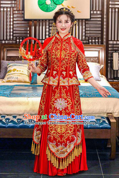 Chinese Traditional Bride Red Embroidered Xiuhe Suits Ancient Handmade Wedding Dresses for Women