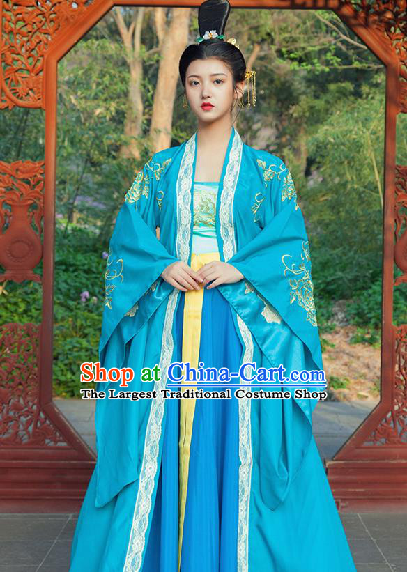 Traditional Chinese Tang Dynasty Imperial Consort Blue Hanfu Dress Ancient Drama Peri Goddess Costumes for Women