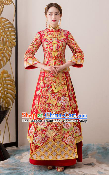 Chinese Traditional Bride Embroidered Cheongsam Ancient Handmade Xiuhe Suits Wedding Dress for Women