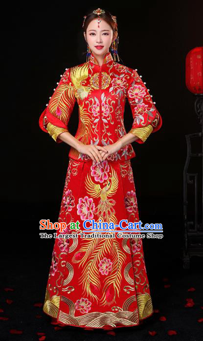 Chinese Traditional Embroidered Phoenix Peony Cheongsam Ancient Bride Handmade Xiuhe Suits Wedding Dress for Women