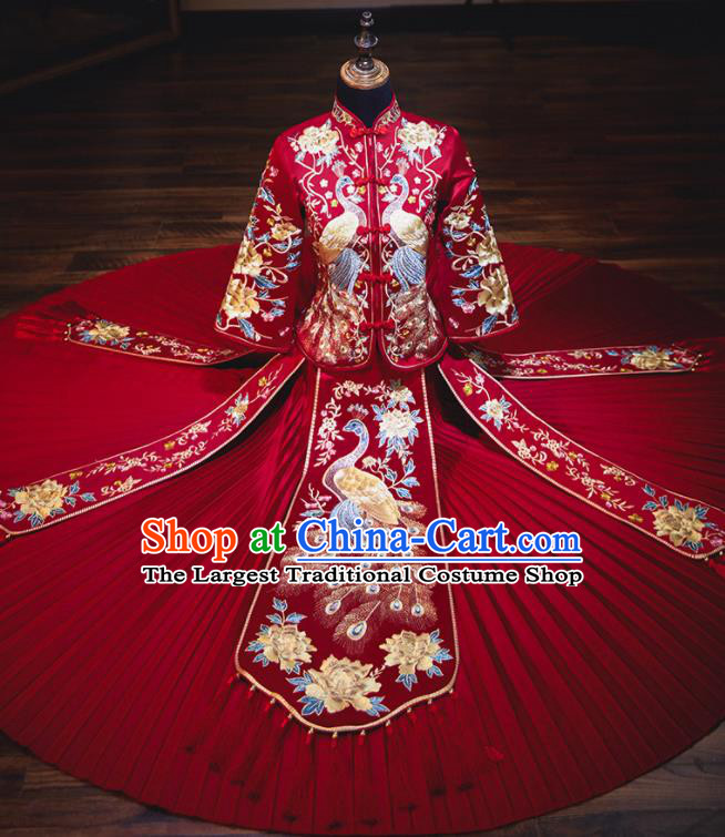 Chinese Traditional Embroidered Cranes Cheongsam Ancient Bride Handmade Xiuhe Suits Wedding Dress for Women