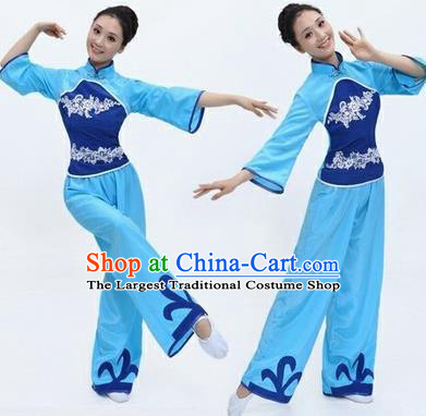 Chinese Traditional Folk Dance Costumes Yangko Dance Blue Clothing for Women