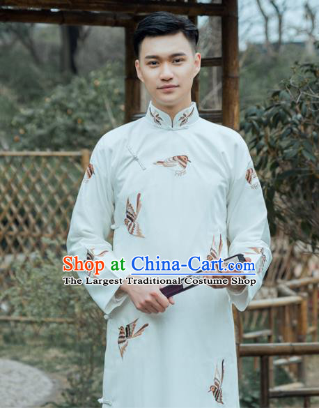 Traditional Chinese Republic Period Nobility Childe Costumes Ancient Drama Embroidered White Gown for Men