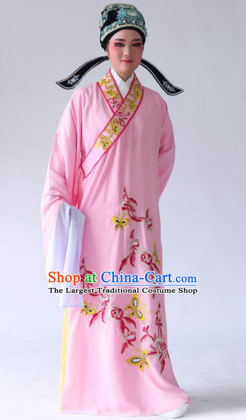 Chinese Traditional Beijing Opera Embroidered Peony Butterfly Pink Robe Ancient Scholar Costume for Men