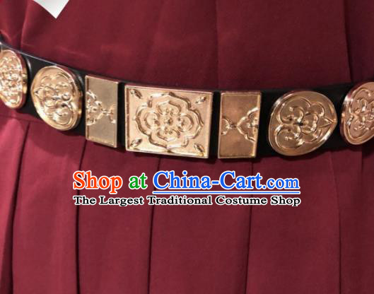 Chinese Traditional Hanfu Golden Belts Ancient Ming Dynasty Swordsman Leather Waistband for Men