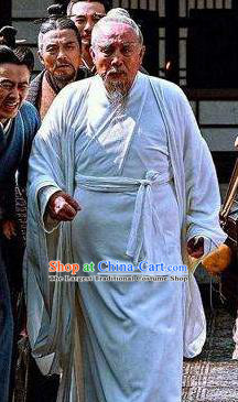 Chinese Ancient Eastern Han Dynasty Famous Doctor Hua Tuo White Costumes Complete Set