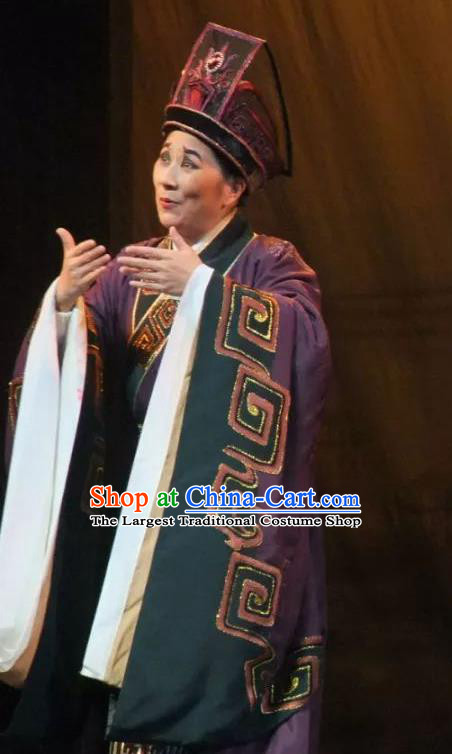 Chinese Ancient Qin Dynasty Prime Minister Zhao Gao Purple Hanfu Costumes and Hat Complete Set