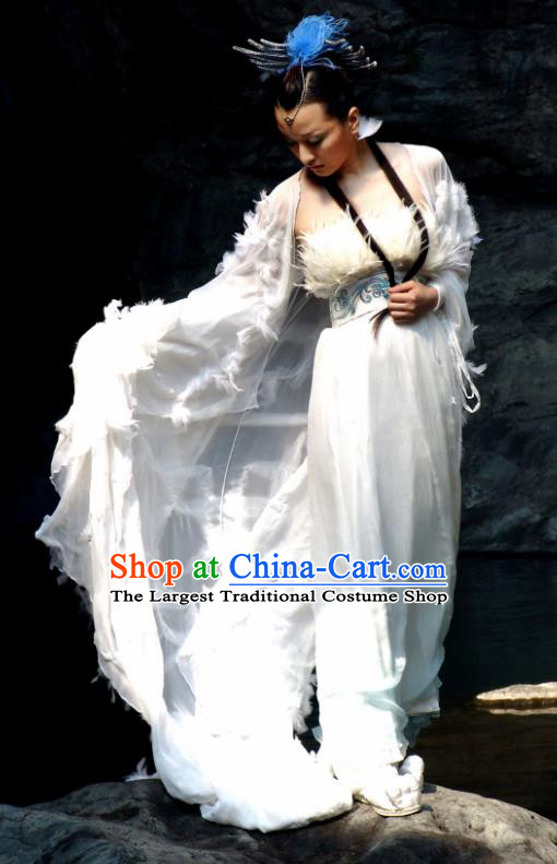 Chinese Ancient Mythology Fairy Goddess White Hanfu Dress Peri Princess Feather Costumes Complete Set