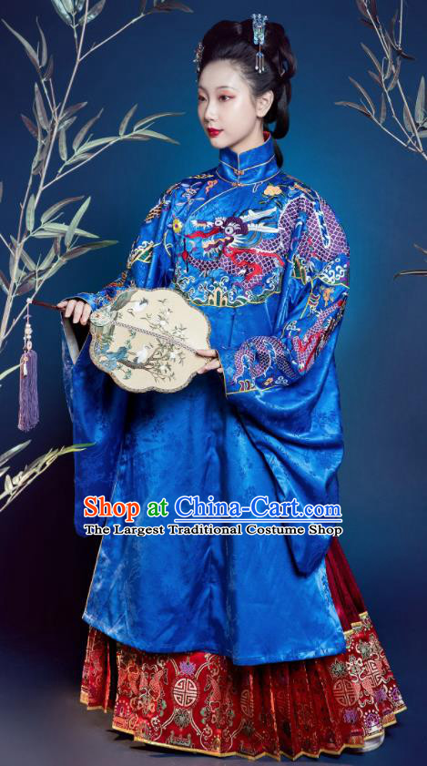 Traditional Chinese Ming Dynasty Countess Replica Costumes Ancient Court Queen Royalblue Silk Hanfu Dress for Women