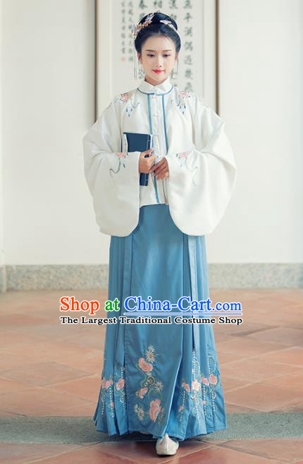 Traditional Chinese Ancient Ming Dynasty Aristocratic Rich Lady Replica Costumes White Blouse and Blue Skirt for Women