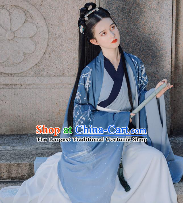 Traditional Chinese Jin Dynasty Imperial Concubine Replica Costumes Ancient Court Princess Blue Hanfu Dress for Women