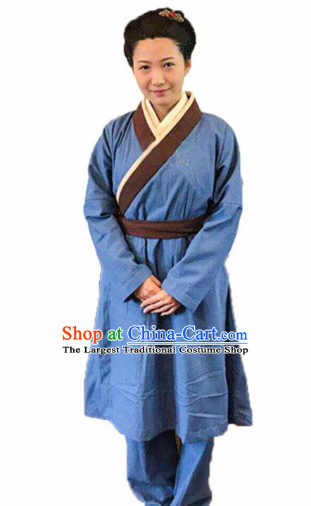 Chinese Traditional Han Dynasty Female Civilian Blue Costume Ancient Farmwife Clothing for Women