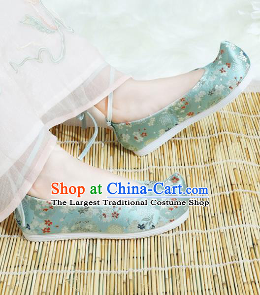 Chinese National Wedding Hanfu Shoes Traditional Princess Blue Satin Shoes Embroidered Shoes for Women