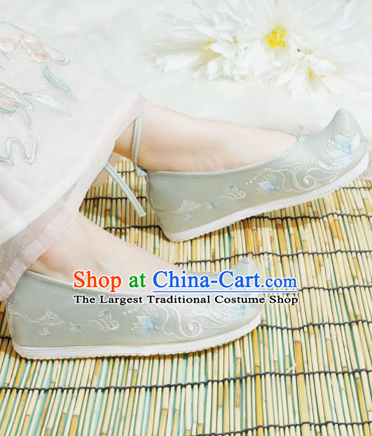 Chinese National Light Green Embroidered Shoes Ancient Traditional Princess Shoes Hanfu Shoes for Women