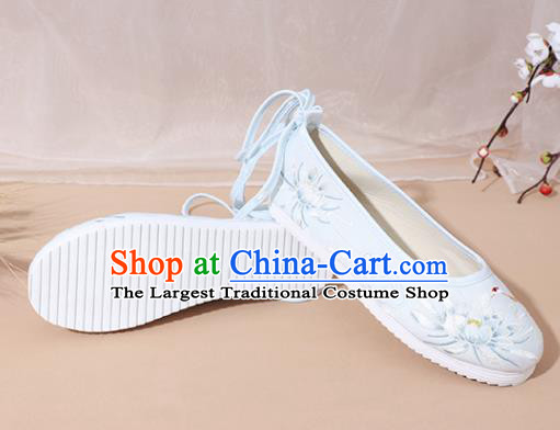 Chinese National Embroidery Lotus Light Blue Hanfu Shoes Traditional Princess Shoes Embroidered Shoes for Women