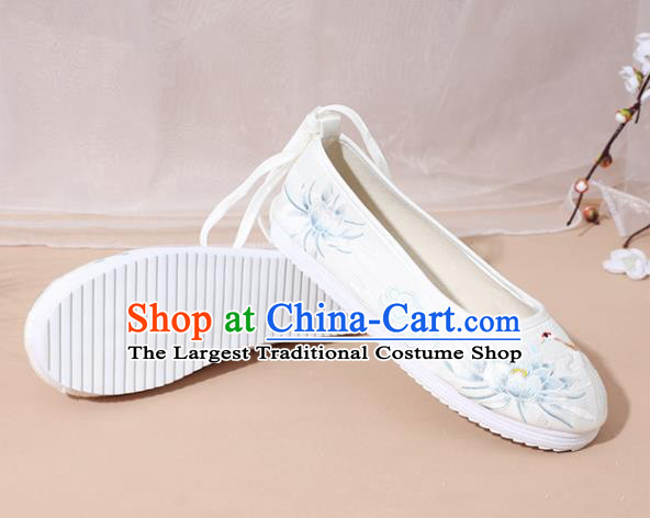 Chinese National Embroidery Lotus White Hanfu Shoes Traditional Princess Shoes Embroidered Shoes for Women