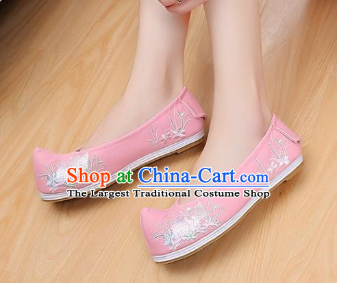 Traditional Chinese National Embroidered Orchid Pink Shoes Ancient Princess Cloth Shoes Handmade Hanfu Shoes for Women