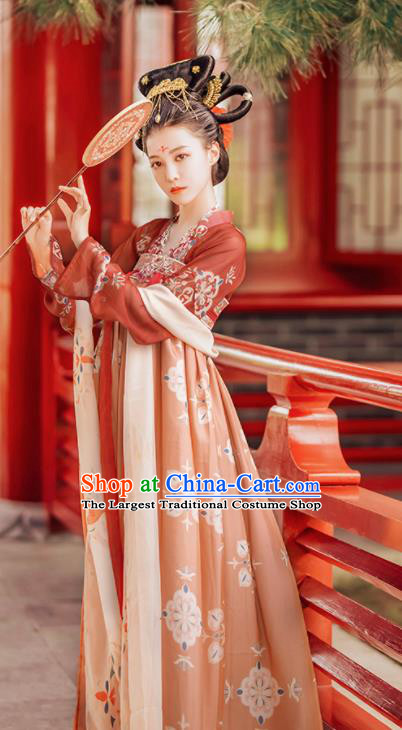 Traditional Chinese Tang Dynasty Court Lady Historical Costumes Ancient Imperial Consort Orange Hanfu Dress for Women